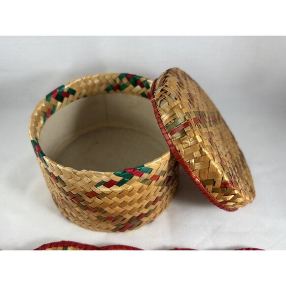 Vintage Wicker Coasters (11) In Rattan Woven Lidded Basket / Box Mid Century - Picture 4 of 7